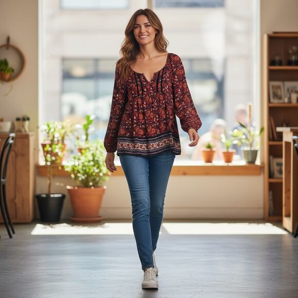 Old Navy Tops - Old Navy Women’s Floral Boho Peasant Blouse M | Long Sleeve Tassel Top